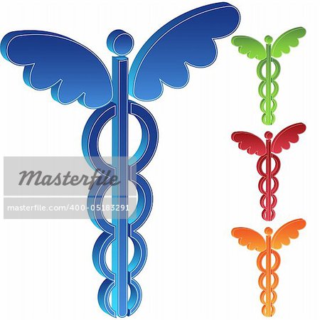 Set of 4 3D caduceus icons in assorted colors.