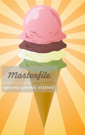 Ice cream cone illustration, three scoops on radial burst background