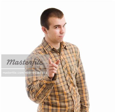Young man gesturing ok. Isolated on white. Focused on arm.