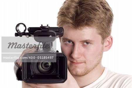 video operator with camcorder isolated on white
