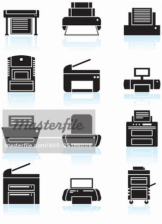 Set of 12 printer icons - black and white.