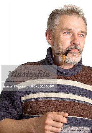The adult men with a pipe in a hand. Isolation on a white background