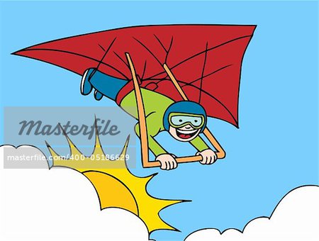 Cartoon image of person hang gliding.