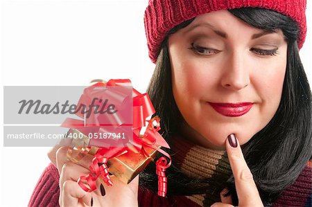 Happy, Attractive Woman Holds Holiday Gift Isolated on a White Background.