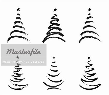six black stylized  christmas trees isolated  on white background