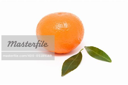 Bright, ripe orange with leaves. Isolated on a white background. A shade below.