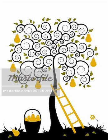 vector pear tree, ladder and basket of pears on white background, Adobe Illustrator 8 format