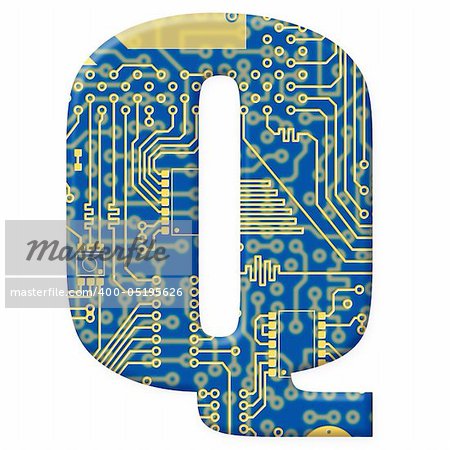 One letter from the electronic technology circuit board alphabet on a white background - Q