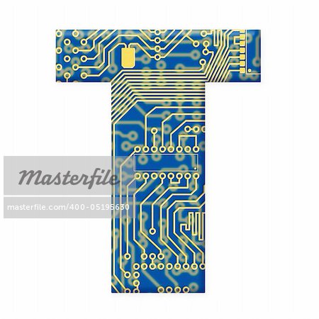 One letter from the electronic technology circuit board alphabet on a white background - T