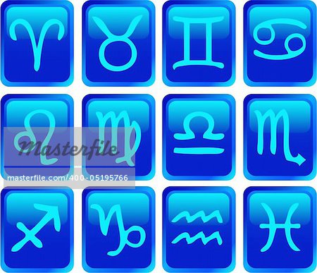 Blue glossy square buttons with zodiac signs