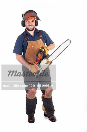 a man holding a chainsaw isolated on a white background