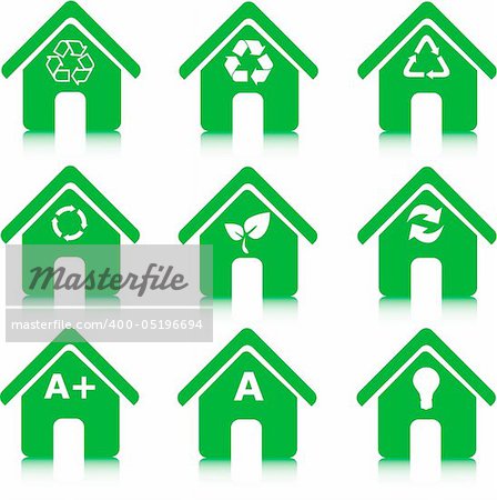 set of green houses icons, environment, recycle and energy saving
