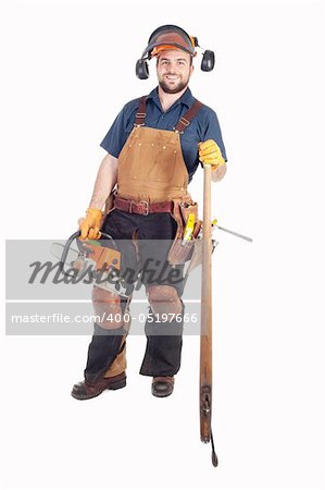 a logger holding a chainsaw and log hook isolated on white