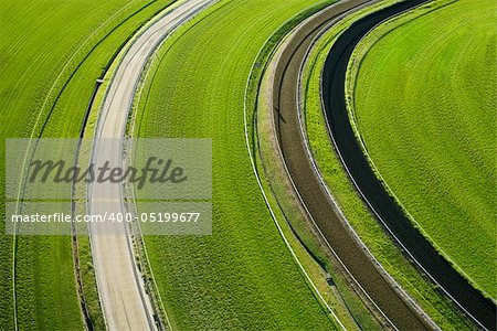 Aerial view of agricultural cropland fields. Horizontal shot.