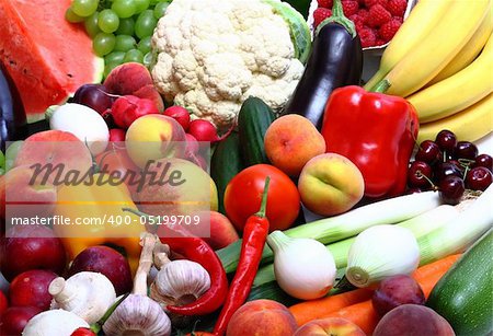 Fresh Vegetables, Fruits and other foodstuffs on white