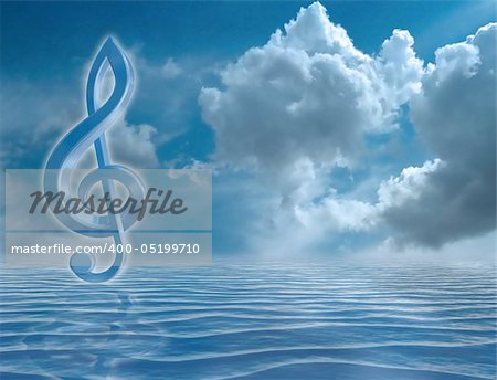 Blue music symbol in a harmonious seascape
