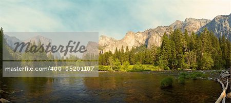 Merced River meadows panorama, Yosemite Valley, Yosemite National Park, California, USA