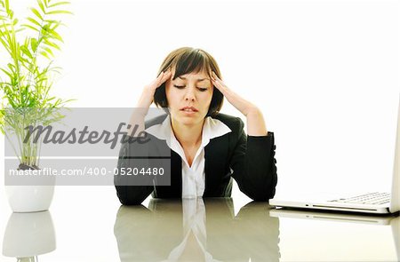 one young business woman isolated on white working on laptop computer