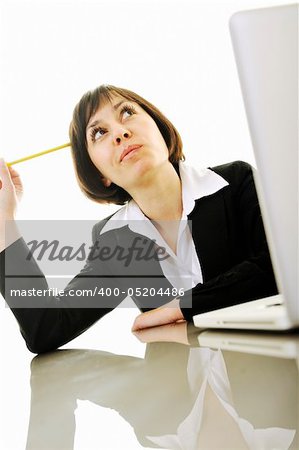 one young business woman isolated on white working on laptop computer