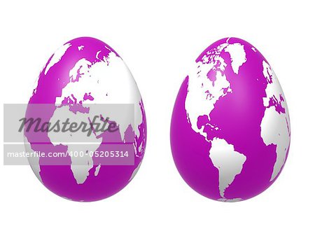two 3d violet, purple eggs with earth texture over white background, isolated