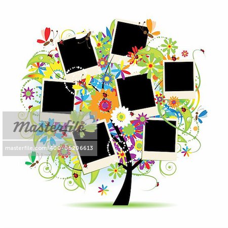 Family album. Floral tree with frames for your photos.