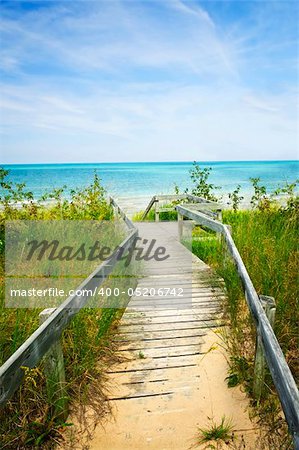 Wooden path over dunes at beach. Pinery provincial park, Ontario Canada