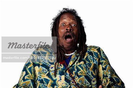 Surprised reaction from Rastafarian man, isolated images