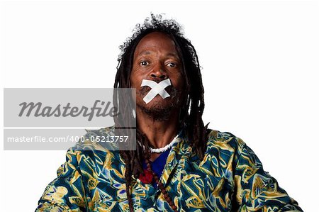 Black man with no voice, tape covering his mouth