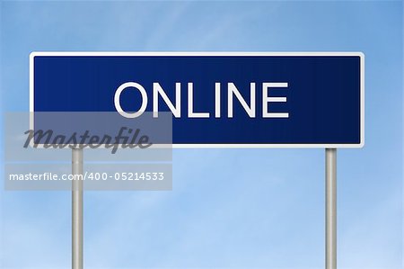 A blue road sign with white text saying Online