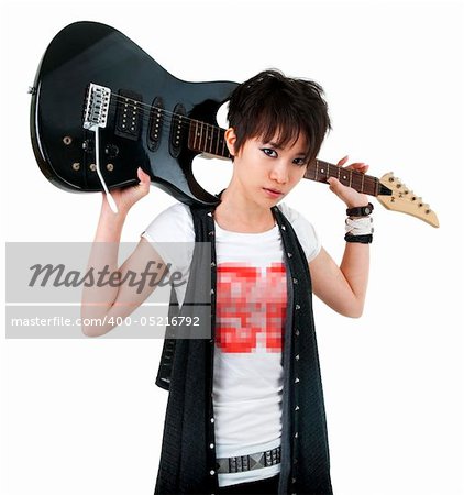 Asian rockstar with guitar isolated on white