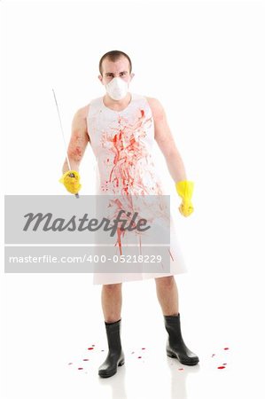 Young man with big knife over white