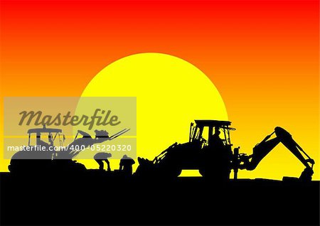 Vector drawing of a tractor for construction work. Silhouette on sunset