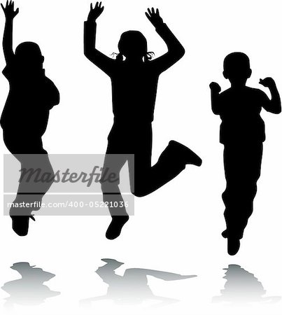 Children jump, happy kids, vector black & white