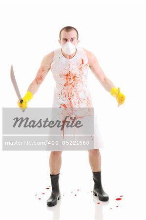 Young man with big knife over white