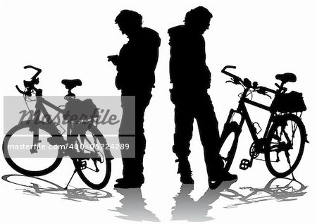 Vector drawing silhouettes cyclists on rest. Silhouette on white background