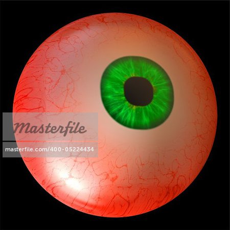 Bloodshot eyeball with green iris on black