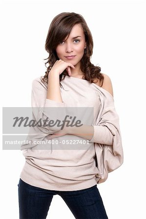 Beautiful young adult girl posing in studio on white backround