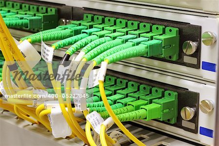 Green singlemode sc connectors connected to patch panel