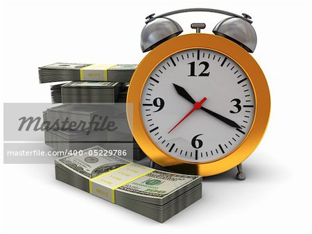 abstract 3d illustration of alarm clock and money stacks, over white background