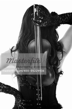 beautiful young happy woman play violin music instrument isolated on white