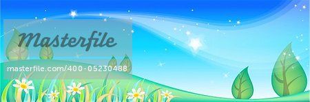 Big Tree and flower on a green grass hill, blue sky with stars