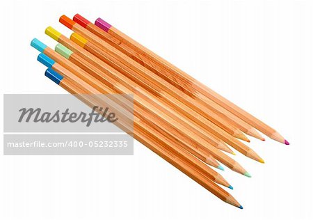 Set of multicolored wood pencils. Close-up. Isolated on white background. Studio photography.