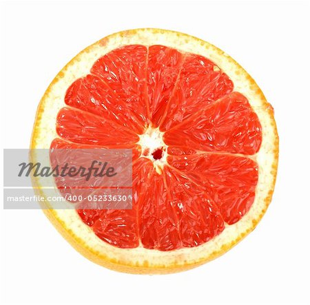 Single cross section of grapefruit. Isolated on white background. Close-up. Studio photography.