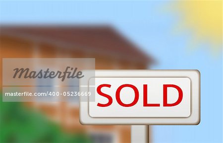 Real Estate sold sign with building, trees and sun blurry in the background