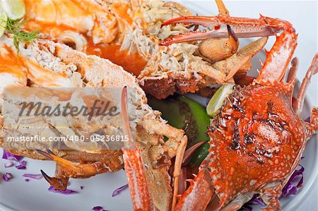 A la carte seafood meal of fresh crab and lobster on a white plate