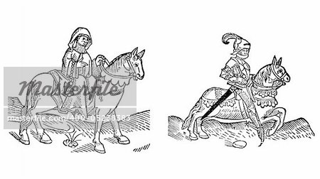 The Prioress and the Knight from The Canterbury Tales by Geoffrey Chaucer - Woodcut from the Caxton's Edition of 1485