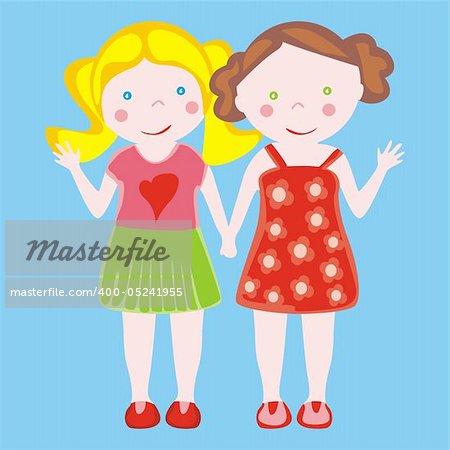 fully editable vector illustration of two little girls waving