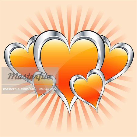 Valentines or mothers day orange hearts symbolizing love. Misty sunburst rays in the background.