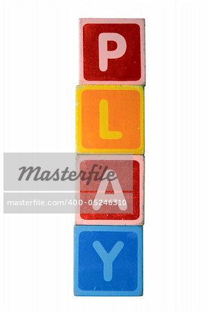 assorted childrens toy letter building blocks against a white background that spell play with clipping path