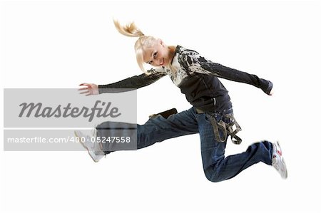 Woman in mid air jumping isolated on a white background, caucasian/white, age 21-30.
